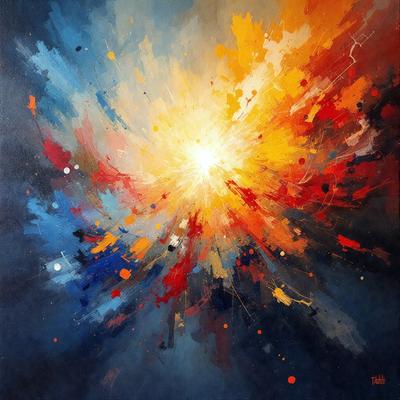 The primary subject of the image is a vibrant and colorful painting. The setting is a canvas, and the visual style is a mix of digital art and illustration. The painting features a bright sun in the center, surrounded by a variety of colors and patterns. The overall atmosphere is lively and energetic, with the colors and patterns creating a dynamic and engaging visual experience.